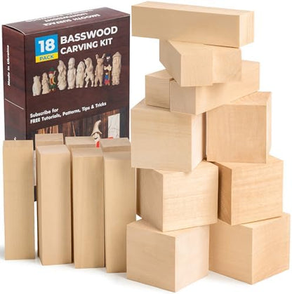 BeaverCraft Basswood Carving Blocks BW18 pcs Whittling Wood for Crafts - Soft Carving Wood - Basswood Kit 2 Different Sizes - Unfinished Wooden Blocks for Carvers by BeaverCraft