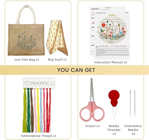 SNAIL GARDEN Linen Tote Bag DIY Embroidery Kit for Beginners with Scarf, Printed Cross Stitch Craft Kit with Thread, Needle & Guide – Reusable Grocery Bag for Women - Image 2