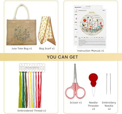 SNAIL GARDEN Linen Tote Bag DIY Embroidery Kit for Beginners with Scarf, Printed Cross Stitch Craft Kit with Thread, Needle & Guide – Reusable Grocery Bag for Women - Image 2