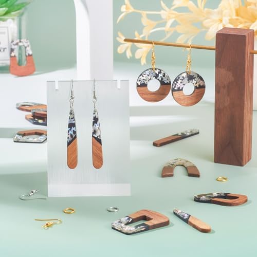 10 Pairs Wood Resin Pendants Vintage Resin Walnut Wood Charms Silver Sequins Charms Rectangle Oval Teardrop Wooden Dangle Earring Making Kit with Earring Hooks for Bohemian Jewelry - Image 3