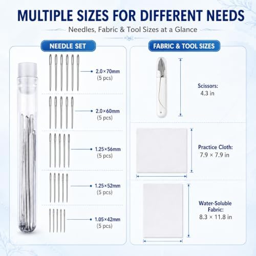 94 Pcs Sashiko Embroidery Kit for Beginners,Visible Mending,Hand Quilting,DIY Stitching and Sewing Projects,with Blue Sashiko Thread and Needles,Thimble,Stencils,Water-Soluble Pattern Sheets - Image 3