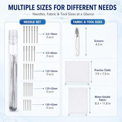 94 Pcs Sashiko Embroidery Kit for Beginners,Visible Mending,Hand Quilting,DIY Stitching and Sewing Projects,with Blue Sashiko Thread and Needles,Thimble,Stencils,Water-Soluble Pattern Sheets - Image 3