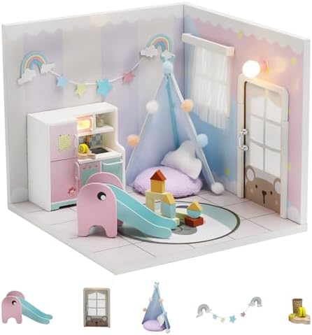 Kisoy Dollhouse Miniature with Furniture Kit, DIY 3D Wooden DIY House Kit A Corner of a Small Apartment Style with Dust Cover & LED,Handmade Tiny House Toys for Kids Adults Gift (Toy Room) by Kisoy