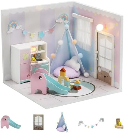 Kisoy Dollhouse Miniature with Furniture Kit, DIY 3D Wooden DIY House Kit A Corner of a Small Apartment Style with Dust Cover & LED,Handmade Tiny House Toys for Kids Adults Gift (Toy Room) by Kisoy
