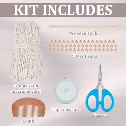 FREEBLOSS Boho Macrame Wall Hanging Kit Woven Tassel Tapestry DIY Cotton Rope Decoration Macrame Kit with Instructions for Adults Beginners, 40cm/15.7" Wide - Image 2