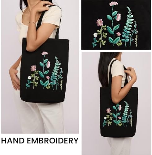 CREAWONDER Canvas Tote Bag Embroidery Kit with Pattern for Beginners, Arts and DIY Embroidery Crafts Kits for Adults, Include Instructions, Embroidery Hoops, Color Threads and Tool - Image 2