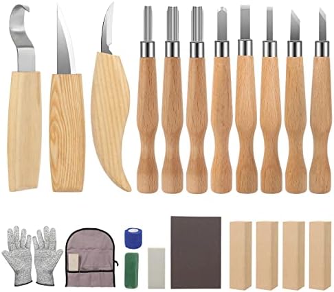 Wood Carving Kit 26pcs Wood Carving Tools Set with Wood Carving Knives Detail Knives Blocks Gloves Whittling Kit for Beginners Adults Kids Woodworking Tools for Spoon Bowl Kuksa Cup by QJIUBA