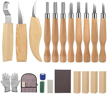 Wood Carving Kit 26pcs Wood Carving Tools Set with Wood Carving Knives Detail Knives Blocks Gloves Whittling Kit for Beginners Adults Kids Woodworking Tools for Spoon Bowl Kuksa Cup by QJIUBA