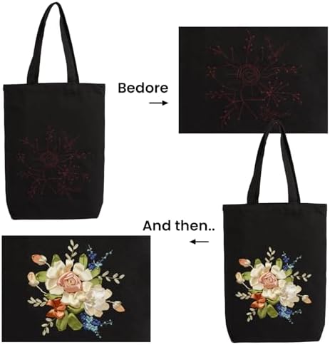 CREAWONDER Canvas Tote Bag Embroidery Kit with Pattern for Beginners, Arts and DIY Embroidery Crafts Kits for Adults, Include Instructions, Embroidery Hoops, Color Threads and Tool - Image 5