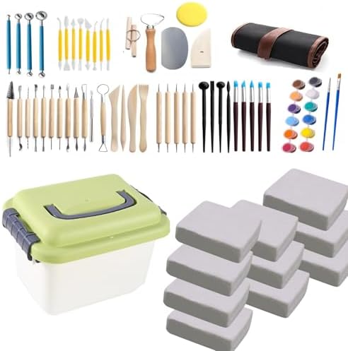 12 lb White Natural Air-Dry Clay + 52 pcs Pottery Tools + Storage Box,Ideal for Wheel Throwing,Hand Building,Sculpting;Great for All Skill Levels (12lb+Tools(52pcs)+Box, White) by WABAFL