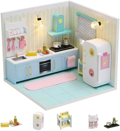 Kisoy Dollhouse Miniature with Furniture Kit, DIY 3D Wooden DIY House Kit A Corner of a Small Apartment Style with Dust Cover & LED,Handmade Tiny House Toys for Kids Adults Gift (Kitchen) by Kisoy