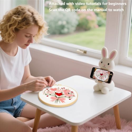Heart Flower Embroidery Kits for Beginners Adults, Pink Embroidery Starter Kits, Counted Cross Stitch Kits for Adults Anniversary Valentine's Day Gift, Embroidery Hoops, Fabric Thread & Video Tutorial - Image 3