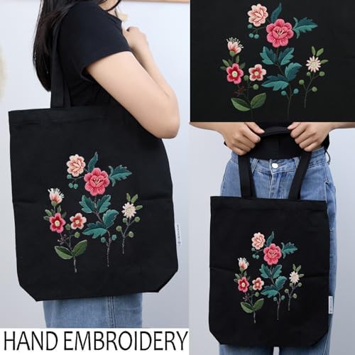 CREAWONDER Canvas Tote Bag Embroidery Kit with Pattern for Beginners, Arts and DIY Embroidery Crafts Kits for Adults, Include Instructions, Thimble, Embroidery Hoops, Color Threads and Tool - Image 2