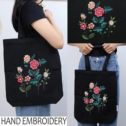 CREAWONDER Canvas Tote Bag Embroidery Kit with Pattern for Beginners, Arts and DIY Embroidery Crafts Kits for Adults, Include Instructions, Thimble, Embroidery Hoops, Color Threads and Tool - Image 2