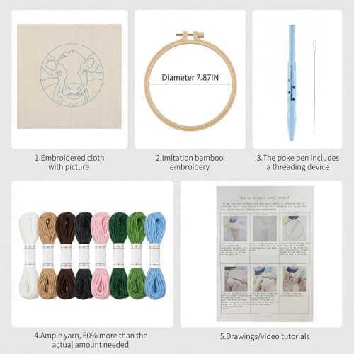 ZMHKJZDQ Punch Needle Kits for Beginners,DIY Punch Needle Embroidery with Fabric, Hoops, Yarns and Sewing Needles for Adults Children Festival Gift and Home Decor, 20x20cm (Grassland Highland Cow) - Image 3
