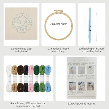 ZMHKJZDQ Punch Needle Kits for Beginners,DIY Punch Needle Embroidery with Fabric, Hoops, Yarns and Sewing Needles for Adults Children Festival Gift and Home Decor, 20x20cm (Grassland Highland Cow) - Image 3