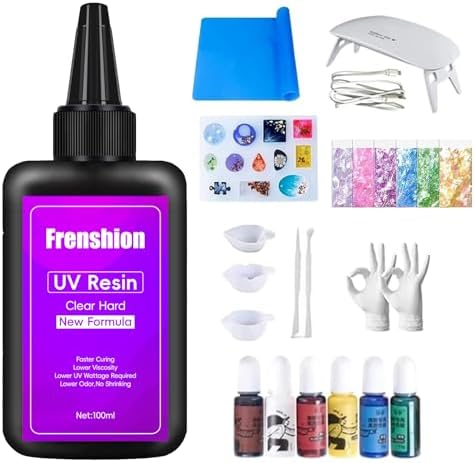 Frenshion 100g Hard UV Resin+ Color Pigment + Sequin +Tool + Glove UV Resin Starter Kit for Jewelry Making with Lamp by Frenshion