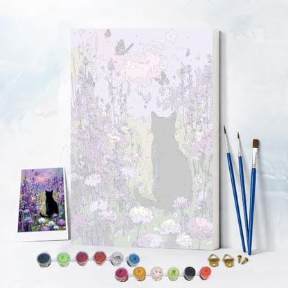 NXIKYO Framed Lavender Cat Paint by Numbers Kit for Adults Beginner, Butterfly Garden Easy Paint by Numbers Canvas with Frame, DIY Painting Kit for Relaxing Home Wall Decor Gift 8x12 Inch - Image 2