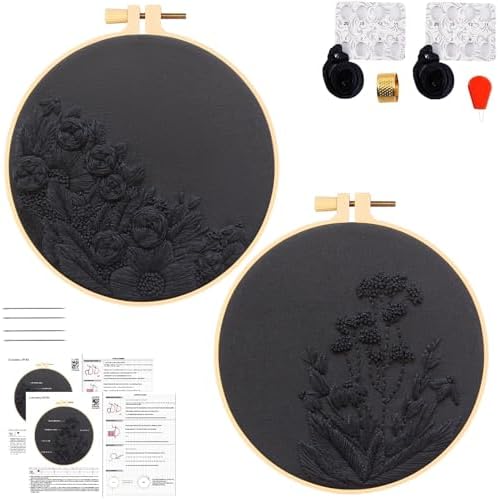 Armindou Black Flowers Embroidery Kits for Beginners Adults, Floral Hand Embroidery Set Needlepoint DIY Kit, Stamped Cross Stitch Kits for Beginners Adult, 2 Embroidery Hoops (Attached Video Tutorial) by Armindou