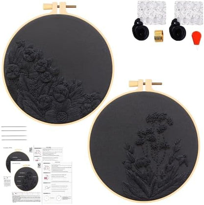 Armindou Black Flowers Embroidery Kits for Beginners Adults, Floral Hand Embroidery Set Needlepoint DIY Kit, Stamped Cross Stitch Kits for Beginners Adult, 2 Embroidery Hoops (Attached Video Tutorial) by Armindou