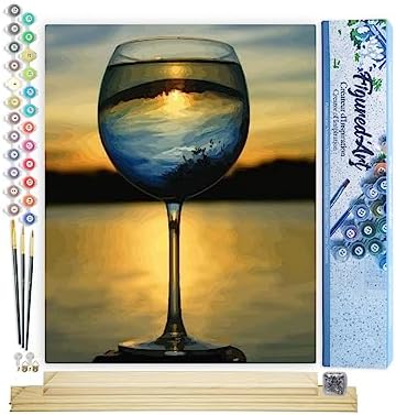 Figured'Art Paint by Numbers Kit for Adults Wine Glass and Nice View 16"x20" - Craft Art Painting Rolled Canvas with DIY Wooden Frame by FiguredArt