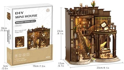 Dreamy Book Hall Book Nook Kit – DIY Miniature Dollhouse 3D Wooden Puzzle, Multi-Layer Vintage Library with LED Warm Light, Premium Imported Wood Bookends, Creative Gift for Adults & Teens - Image 2