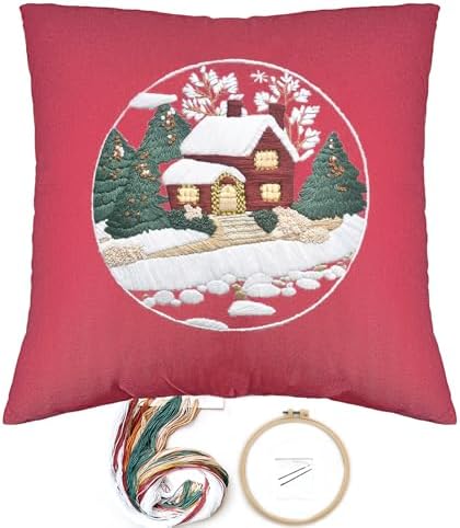 FONNUY Christmas Embroidery Kit for Beginners, Throw Pillow Case Cross Stitch Set Winter Snow House Holly Tree Pattern for Adults, Hand Works Crafts Throw Pillow Cover, 18 x 18'' (Red) by FONNUY