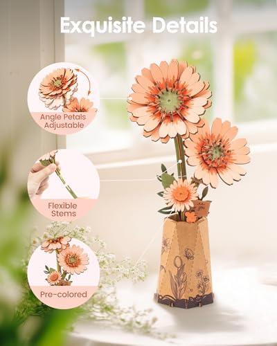 ROBOTIME 3D Puzzle Light Orange Gerbera Daisy TW111, DIY Wooden Flower Craft, Artificial Flowers Model Kit to Assemble for Adults, Home Decoration and Valentine's Day Toy Gift Set - Image 5