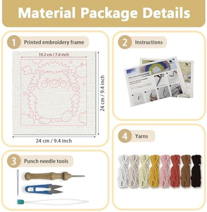 Doodlream Standing Hedgehog Needle Kit for Beginner, 9.4"x 9.4" Cute Animal Punch Stitching Craft Set, Color DIY Embroidery Starter with Printed Frame, Instruction, Threader, Yarn, Pinch Needle - Image 2
