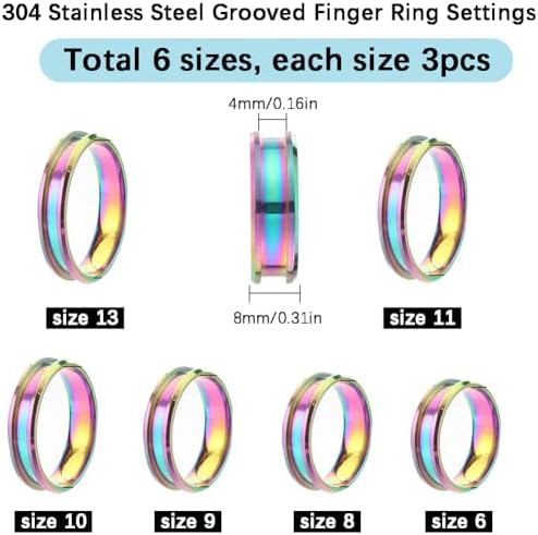 SUNNYCLUE 1 Box 18Pcs Ring Cores Inlay Ring Blanks Stainless Steel Rainbow Color Grooved US Size 7/8/9/10/11/12 Round Empty Jewelry Findings for Jewelry Making Kits Men Women - Image 2