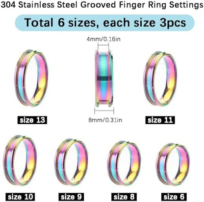 SUNNYCLUE 1 Box 18Pcs Ring Cores Inlay Ring Blanks Stainless Steel Rainbow Color Grooved US Size 7/8/9/10/11/12 Round Empty Jewelry Findings for Jewelry Making Kits Men Women - Image 2