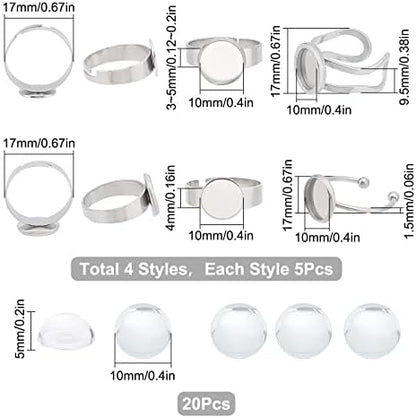 SUNNYCLUE 40Pcs DIY 20 Sets Ring Blanks Adjustable Ring Base Blank Stainless Steel Ring Bezels Round Glass Cabochons Finger Ring Cabochon Settings Rings Blanks for Jewelry Making Kit Adult DIY Craft - Image 2