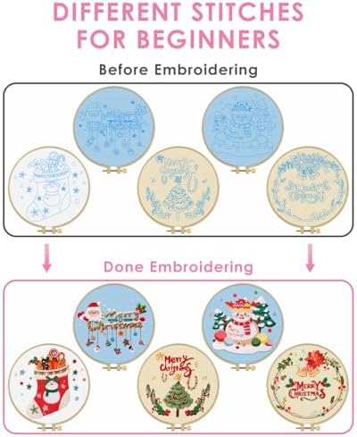 TINDTOP Christmas Embroidery Kit for Adult, 5 Pack Embroidery DIY Starter Kit, with Stamped Patterns, Hoop, Tools, Colorful Threads with Needles, Instructions - Image 3