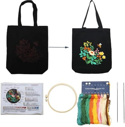 VWV-Whizzing Embroidery Canvas Tote Bag DIY Kit for Beginners, Complete with Pattern, Hoops, Color Threads, Tools & Detailed Instructions for Adults (13X15(in) Black-Bee) by Unknown
