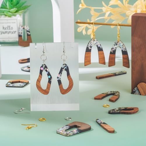 10 Pairs Wood Resin Pendants Vintage Resin Walnut Wood Charms Black Brown Sequins Charms Rectangle Oval Teardrop Wooden Dangle Earring Making Kit with Earring Hooks for Bohemian Jewelry - Image 3