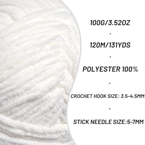 2 Pack Plush Chunky Chenille Yarn for Crocheting, Soft Fluffy Velvet Yarn for Crocheting Amigurumi, Fuzzy Baby Blanket Knitting 200g/262yds Bulky(2 Snow White) - Image 2