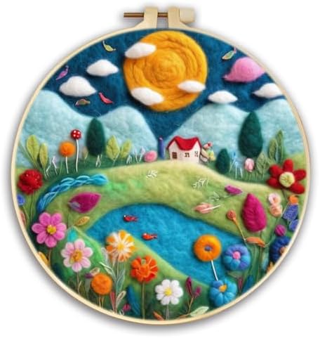 CaptainCrafts DIY Needle Felting Starter Kit with Picture Hoop, Foam Pad, Felt Cloth, Instructions for Home Decoration, Beginner Art Craft (Happy Flower Home) by CaptainCrafts