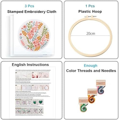 Konrisa Blossoms Embroidery Kit for Adults Beginners, Floral Stamped Embroidery Starter Kit DIY Sewing Practice, Needlepoint Cross Stitch Set of 3 - Image 2