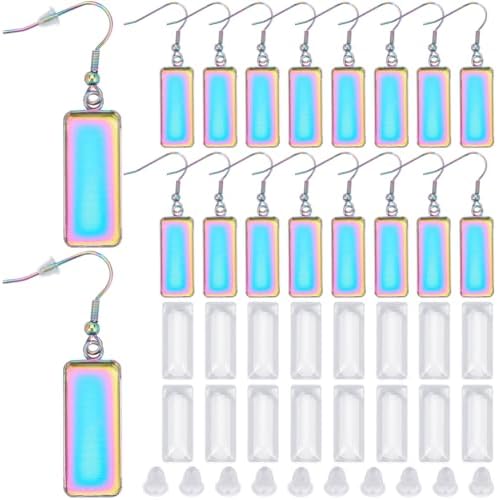 1 Box 20Pcs Rainbow Earring Bezel Blank 10x25mm Rectangle Bezel Pendant Trays with Glass Cabochons Settings Stainless Steel Earring Wire Hooks Accessories for DIY Earrings Jewelry Making by SOFPLATE