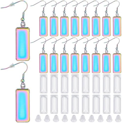 1 Box 20Pcs Rainbow Earring Bezel Blank 10x25mm Rectangle Bezel Pendant Trays with Glass Cabochons Settings Stainless Steel Earring Wire Hooks Accessories for DIY Earrings Jewelry Making by SOFPLATE