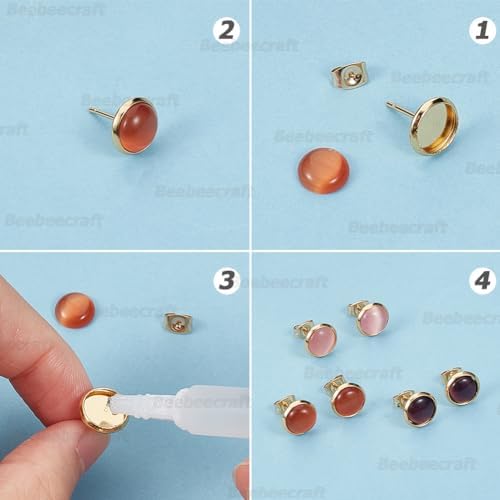 Beebeecraft 1 Box 50Pcs Post Stud Earring Findings 18K Gold Plated Round Prong Blank Earring Cabochon Settings with 8mm Tray and 50Pcs Ear Nuts for DIY Earrings Jewelry Making - Image 5