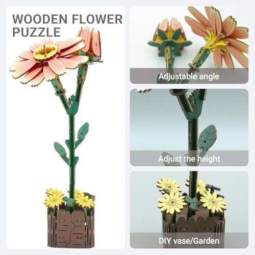 3D Wooden Flower Puzzle Kit for Adults | DIY Botanical Bouquet Building Set with Adjustable Vase | Home Decor & Stress Relief Gift-Daisy (99PCS) - Image 2