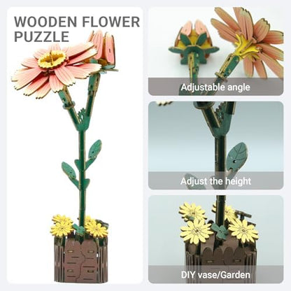 3D Wooden Flower Puzzle Kit for Adults | DIY Botanical Bouquet Building Set with Adjustable Vase | Home Decor & Stress Relief Gift-Daisy (99PCS) - Image 2