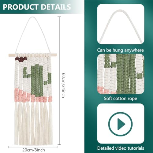 WEBEEDY Macrame Kit for Beginners DIY Macrame Wall Hanging Craft Set Boho Cactus Macrame Tapestry Wall Decor DIY Macrame Cord Kit with 61 Yard Cotton Cord, Wooden Stick and Other Supplies,20x60cm - Image 3