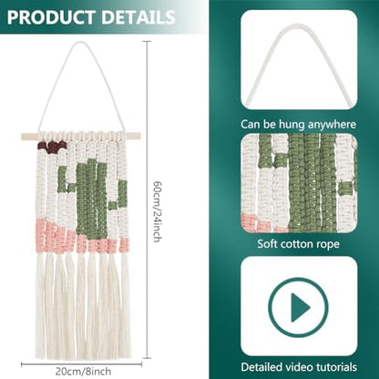WEBEEDY Macrame Kit for Beginners DIY Macrame Wall Hanging Craft Set Boho Cactus Macrame Tapestry Wall Decor DIY Macrame Cord Kit with 61 Yard Cotton Cord, Wooden Stick and Other Supplies,20x60cm - Image 3