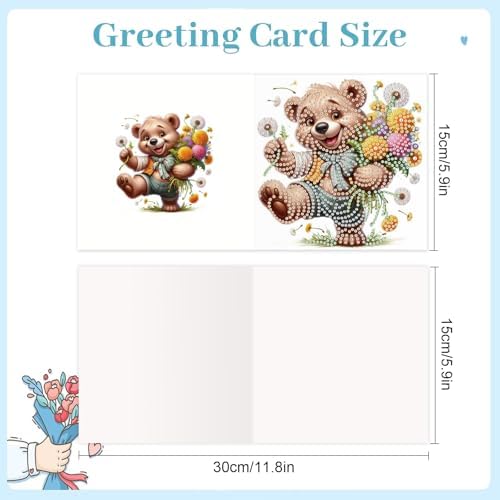 jinglinhh 12pcs Diamond Art Painting Flower Bear Greeting Cards with Envelopes, DIY Card Making Kits for Adults, Diamond Art Christmas Cards for Birthday Holiday Postcards Craft Gifts - Image 2