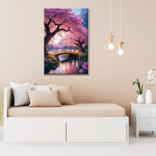 JOOZ Paint by Numbers Kit for Adults with Frame Sakura Paint by Number with Easel Tree Adult Paint by Number Kits Framed Canvas Mountain Waterfall Oil Painting Kits for Gift Home Wall Decor 8x12 Inch - Image 6