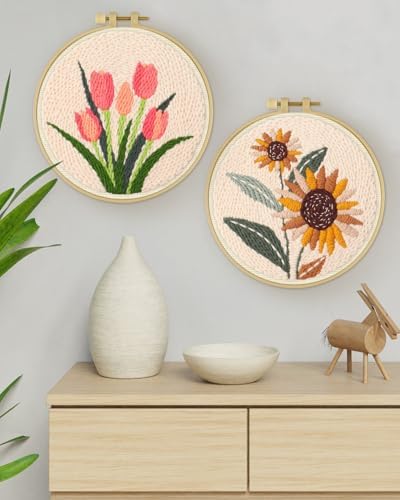 ERKOON Punch Needle Kit Adults Beginners, 2 Pcs DIY Easy Flower Embroidery Set for Starter Art Craft, Needling Punching Project with Patterns, Tools, Yarns, Hoop, Instruction (Sunflowers & Tulips) - Image 7