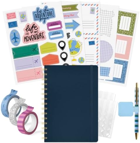 PAPERAGE Travel Journal Kit, Travel Notebook & Scrapbook Set, Hardcover Blank Spiral Notebook, 5 Sticker Sheets, 2 Photo Corners, 3 Washi Tapes & Black-Ink Gel Pen with Pen Holder - Navy by PAPERAGE