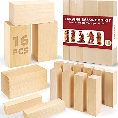 Basswood Carving Blocks, 16PCS Whittling Wood Blocks Kit with 2 Different Sizes, Easy to Use, for Kids and Adults by KKERNOWO